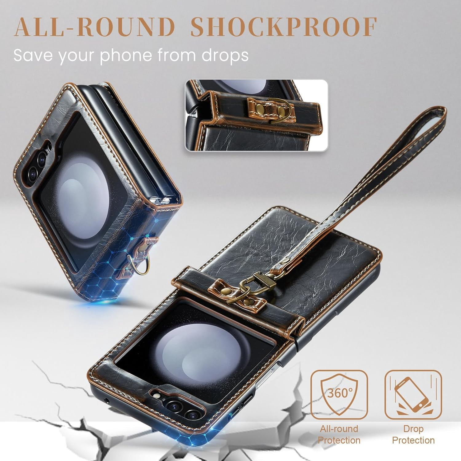 Phone Case for Samsung Galaxy Z Flip 5 5G 2023 with Lanyard Wrist Strap Thin Slim PU Leather Shockproof Hard Shell Protective Cell Cover ZFlip5 Z5 G Flip5 5Z Women Girls Coffee