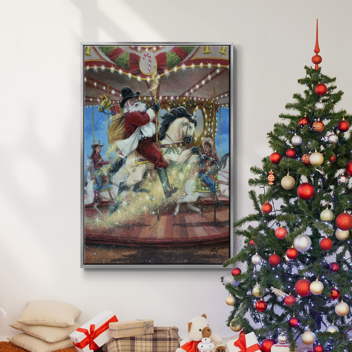 Merry Go Round - Framed Gallery Wrapped Holiday Canvas - 27 x 41 - Silver Frame