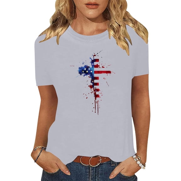 Womens T-shirts Short Sleeve Round Neck Independence Day Casual Printed T-Shirt Gray XXXL