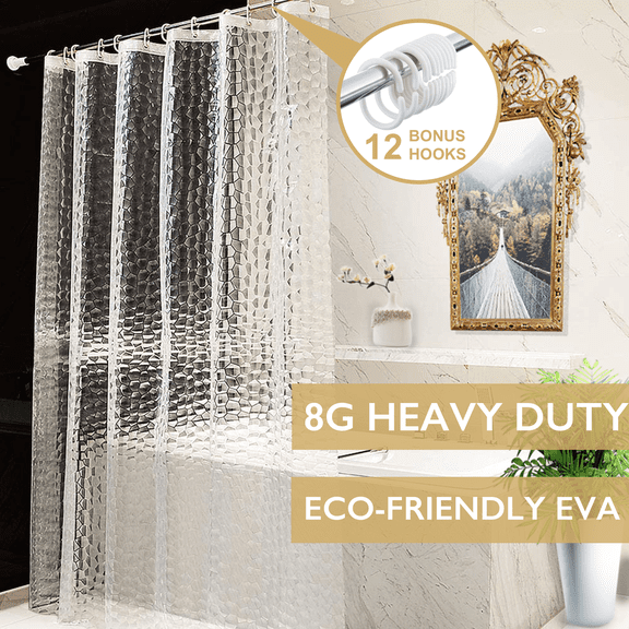 ComfiTime Clear Shower Curtain Liner | 8G Heavy-Duty Shower Liner with Weighted Magnets, 100% EVA Vinyl, Rustproof Brass Grommets, 12 Bonus Hooks, Waterproof, 72" x 72", Clear