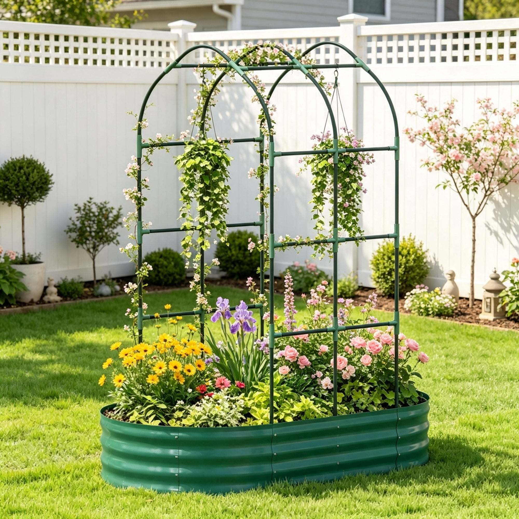 Galvanised Metal Raised Garden Bed, 5 x 3 x 6ft Outdoor Planter Box, Arched Trellis, Open Bottom, Green (Only for Elevated Garden Beds)