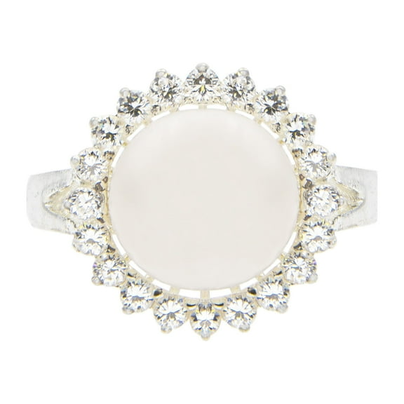 Sterling Silver Cultured Pearl Cubic Zirconia Halo Set Ring, Size 8