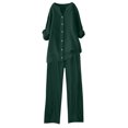 thumbnail image 3 of Cotton Linen 2 Piece Plus Size Outfits for Women, Long Sleeve Button Shirts Wide Leg Trousers Set with Pockets, Solid Color Vacation Suit Sets Womens Beach Outfits Green XL, 3 of 3