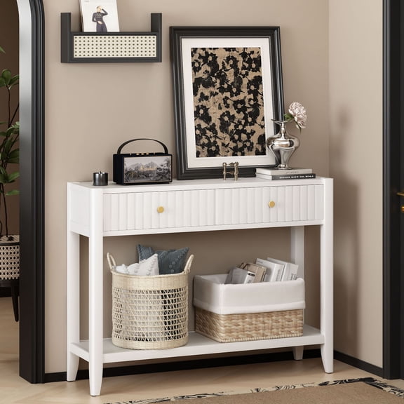 S-HOME 29.5 Inch Tall White Console Table with Drawers and Storage Shelf, Narrow Wood Accent Table, for Entryway Living Room Hallway
