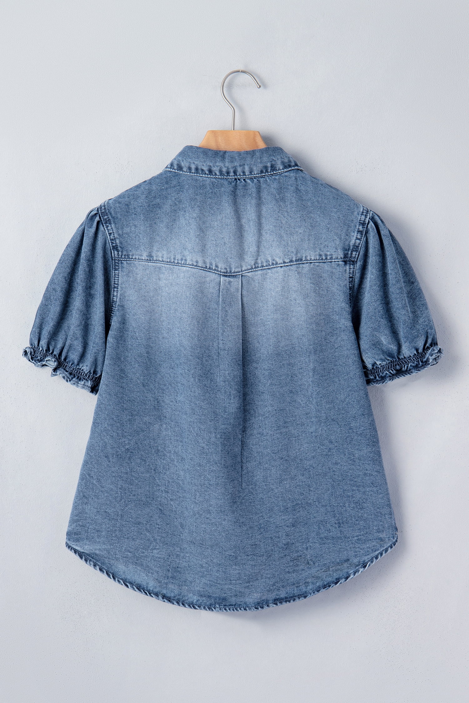 Women's Western Frilled Short Sleeve Denim Shirt – Beau Blue Snap Button Collar Blouse, XL