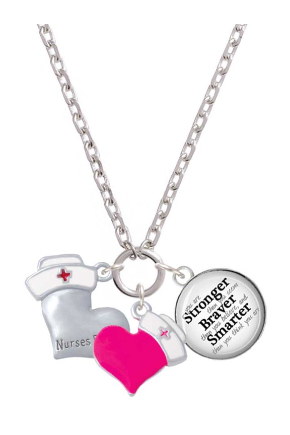 Silvertone Nurse's Prayer Heart - Healing Hand - Hot Pink Heart Nurse Strong Zoe Necklace
