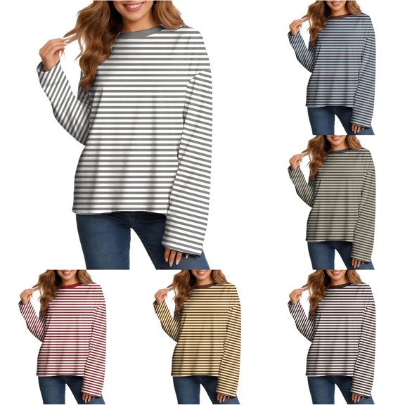 xfsWaSs T Shirts for Women Oversized Striped Long Sleeve T Shirt Fashion Crewneck Tee Tops Loose Casual Tops Fall Clothes