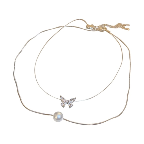 Cute Butterfly Choker Necklaces Crystal Pearl Pendant Layered Necklace for Women