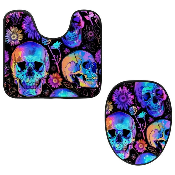 PhooArto Toilet Lid Cover and U-Shaped Toilet Floor Mat Set of 2 Pieces, Neon Skull Flower Patterns Toilet Mat Set, Machine Washable Seat Covers Non-Slip Absorbent Rugs
