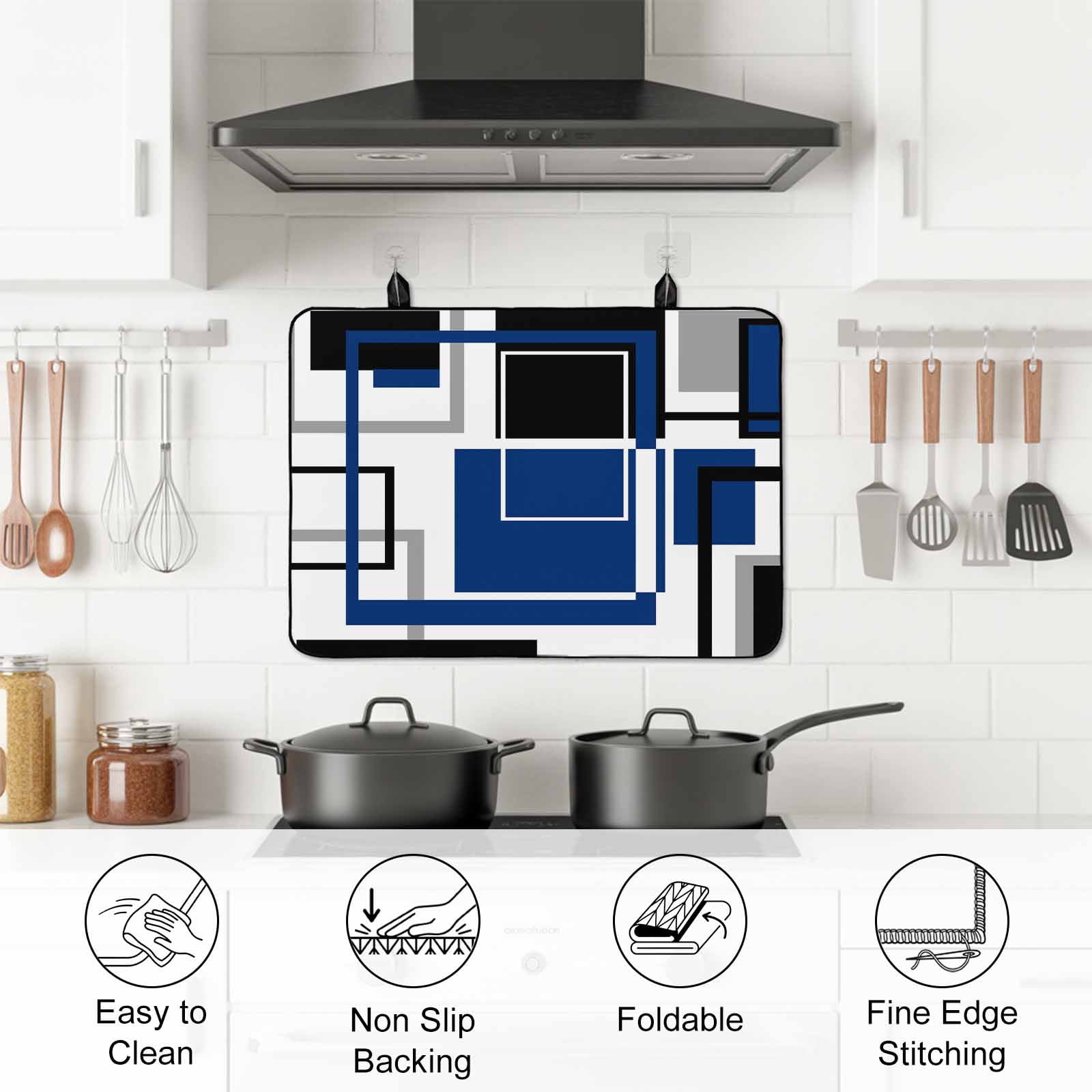 Blue Black Geometric Stove Top Cover for Electric Stove, Heat-proof & Non Slip Glass Top Stove Cover Protector, Modern Minimalist Abstract Stripes Kitchen Flat Cooktop Rubber Mat 24x21 Inches
