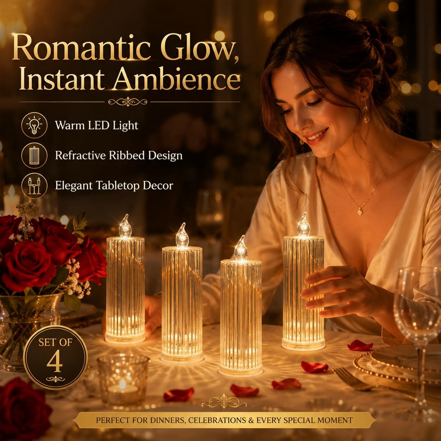 Creative Refractive Diamond Crystal LED Flameless Candles, Battery Operated Rose Shadow Electronic Candle Lights, Romantic Ambience Decor for Home Bedroom Wedding Party 4Pcs Set(k)