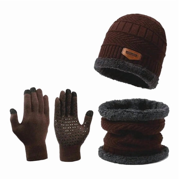 Winter Knit Beanie Hat Neck Warmer Scarf and Touch Screen Gloves Set 3 Pcs Fleece Lined Skull Cap for Men WomenCoffee