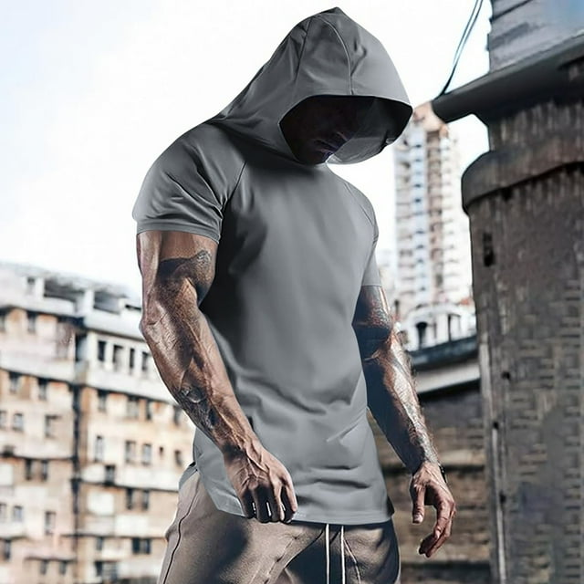 Blusa de manga corta con capucha para hombre, informal, de verano, de color liso, con cuello redondo, de manga corta, con capucha, fina, transpirable, de poliéster.