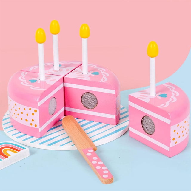 Pastel de cumpleaños ,Jugar Pastel de cumpleaños Regalo para Jugar Juguete de comida,Pastel de cumpleaños de madera con comida para jugar con velas,Juguete de pastel CUTICAT Pastel de cumpleaños de corte