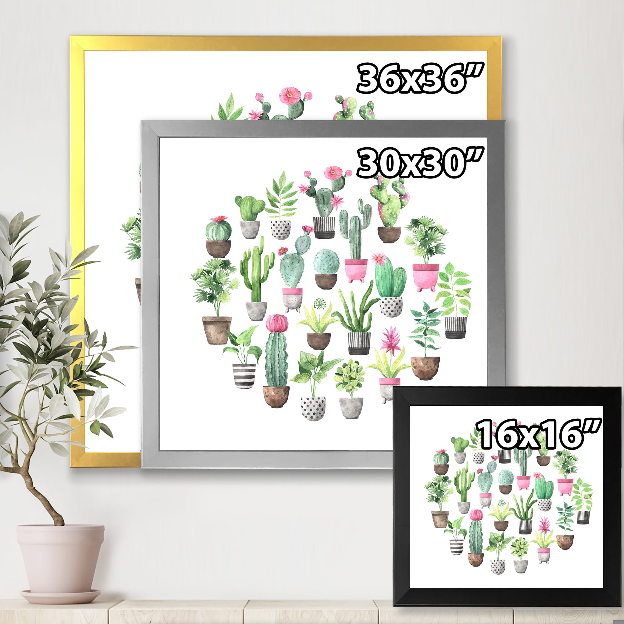 Designart 'Cactus In Ceramic Pots In Gentle Tones II' Traditional Framed Art Print