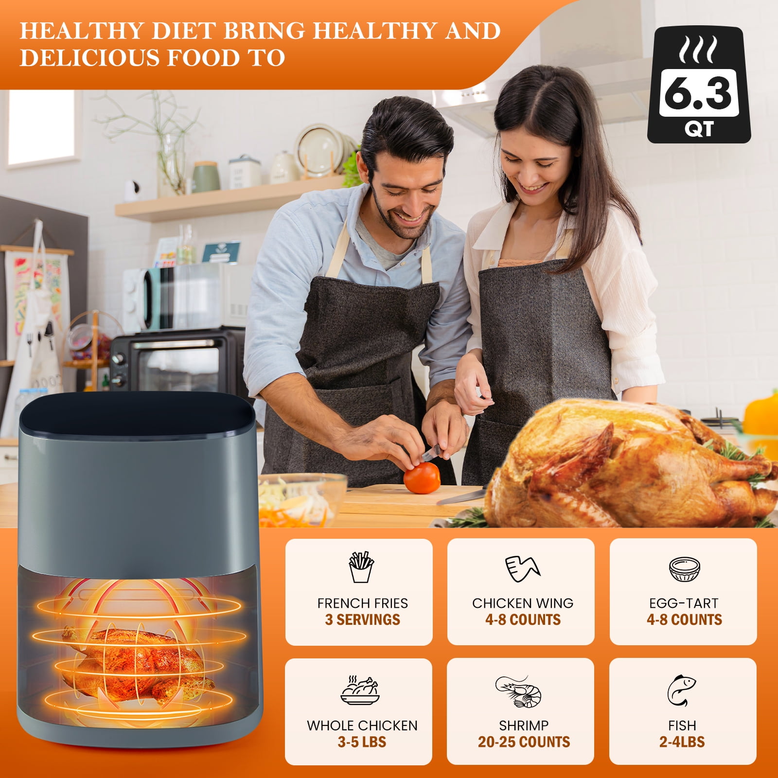 JOINSUN 6 QT Air Fryer, 12-in-1 Air Fry with Window Square for Healthy Cooking