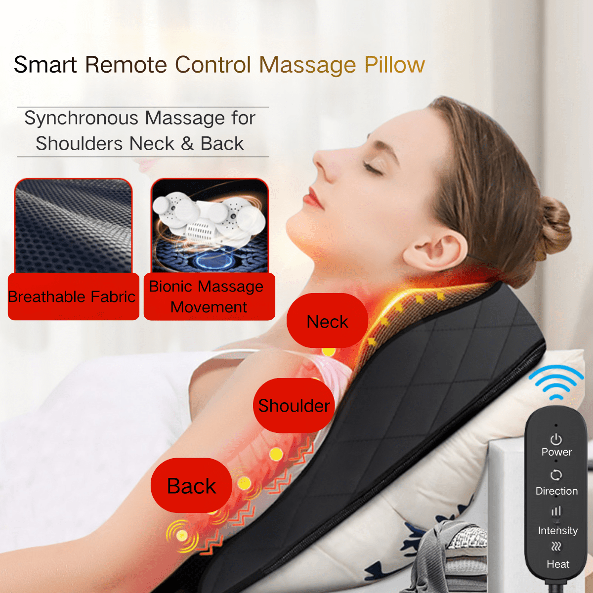 SPACEMUSE Deep-Kneading Shiatsu Neck & Back Massager with Heat for Full Body Pain Relief, Smart Timer, Adjustable Intensity Massage Pillow for Home, Office, Ideal Gift for Family & Friends, Black