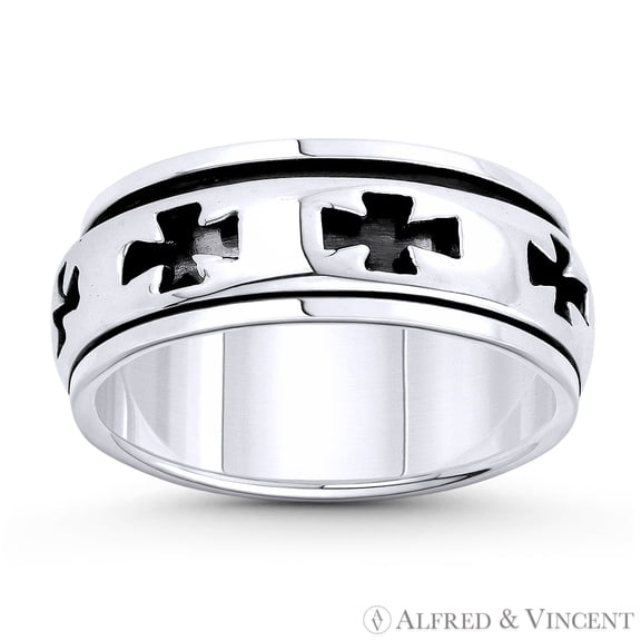 Flared Heraldic Pattee Cross Charm 8mm Band / Spinning Men's Ring in Oxidized .925 Sterling Silver
