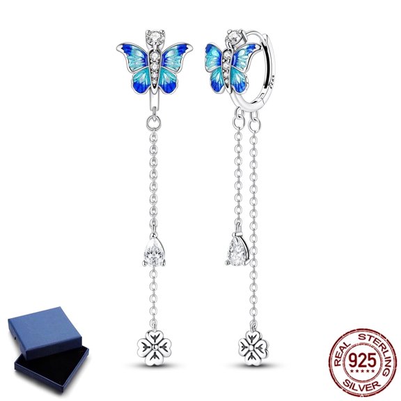 NARMO 925 Sterling Silver Glazed Blue Butterfly Tassel Hoop Earrings for Women, Hypoallergenic Sparkling Cubic Zirconia Jewelry Gift with Box