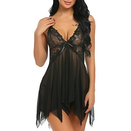 Zuwimk Lingerie For Women Plus Size Black Women bodysuit Lace Mini Sheer V Neck Chemise See Through Nightgown Open Front Negligee Dress Lace Women Flower Strap Neck Chemise V Lingerie Sleepwear