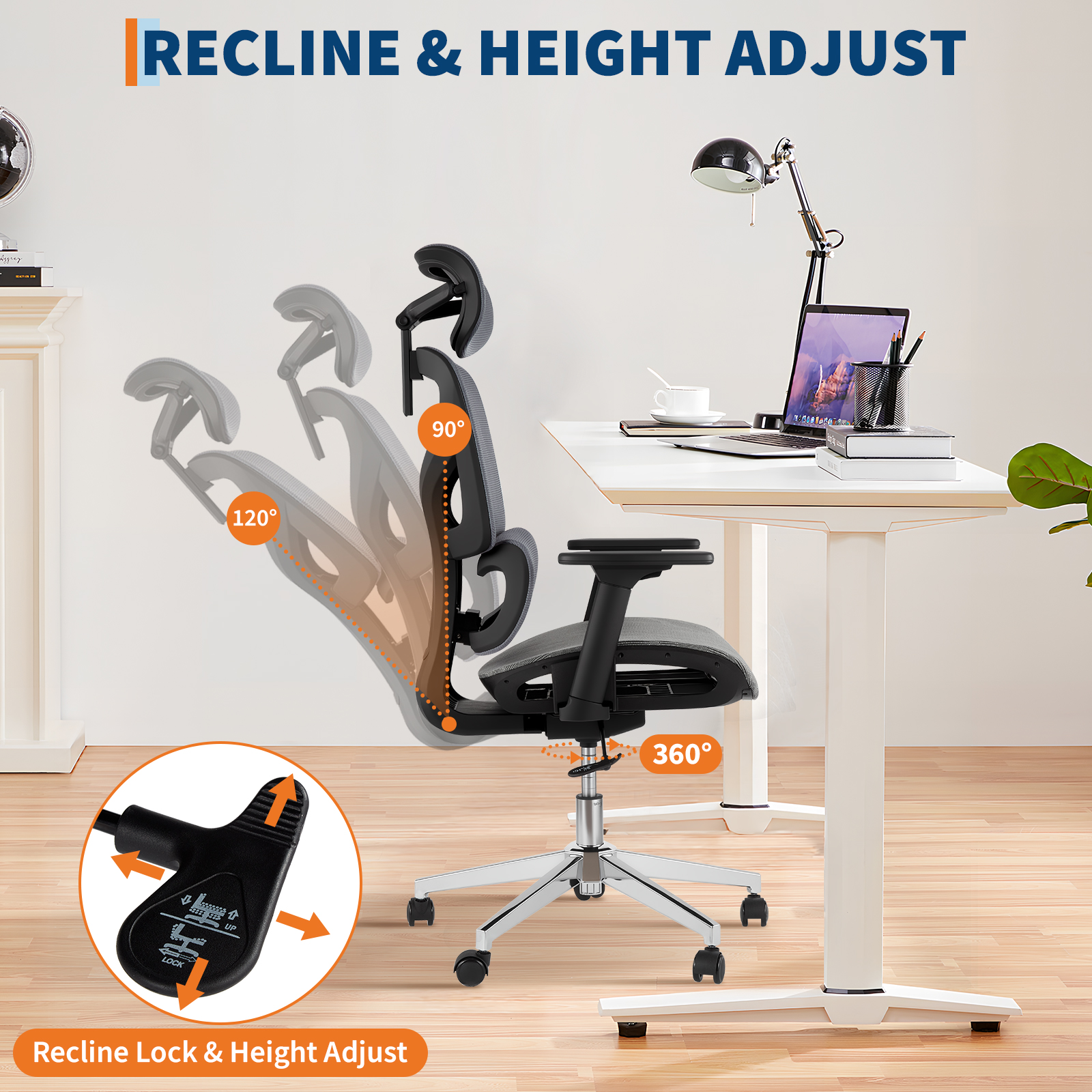 COZONY 47inch Ergonomic High Back Mesh Office Chair with 4D Armrests, Adjustable Lumbar, Seat Depth, 350 Lbs Capacity for Home Office, Gaming,Gray