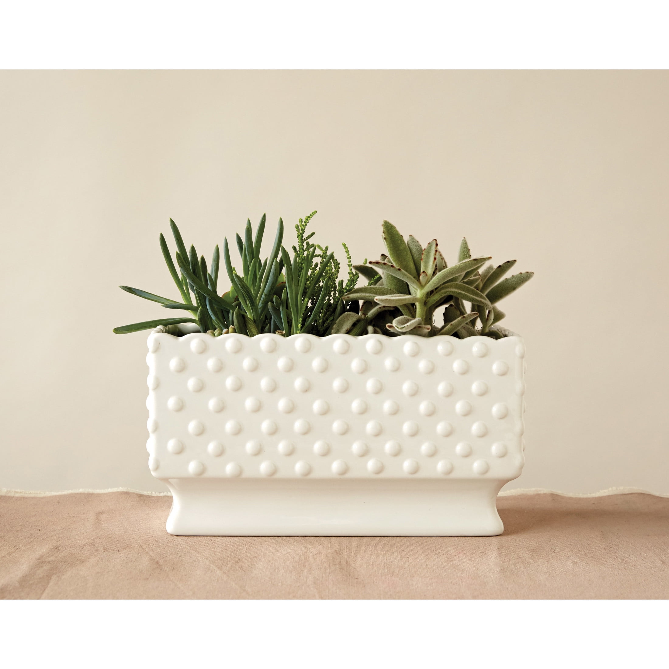 Creative Co-Op Ceramic Hobnail Planter with Scalloped Edge and Polka Dots, White