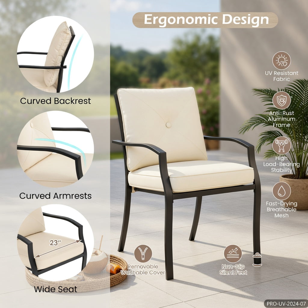 Hommoo 2-Pack Stackable Metal Outdoor Dining Chairs with Armrests, Olefin Cushions, Ergonomic Patio Seating for Backyard BBQs and Alfresco Dining, Beige & Black