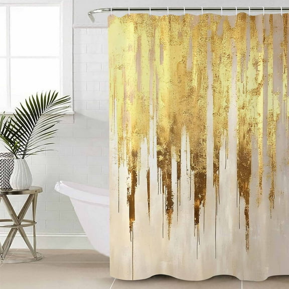 Abstract Gold Waterproof Fabric Shower Curtain, Modern Brush Luxury Strokes Artwork Shower Curtain for Bathroom Curtains Bathtubs Hotel Washable Shower Curtains with 12 Hooks Small 36x78in