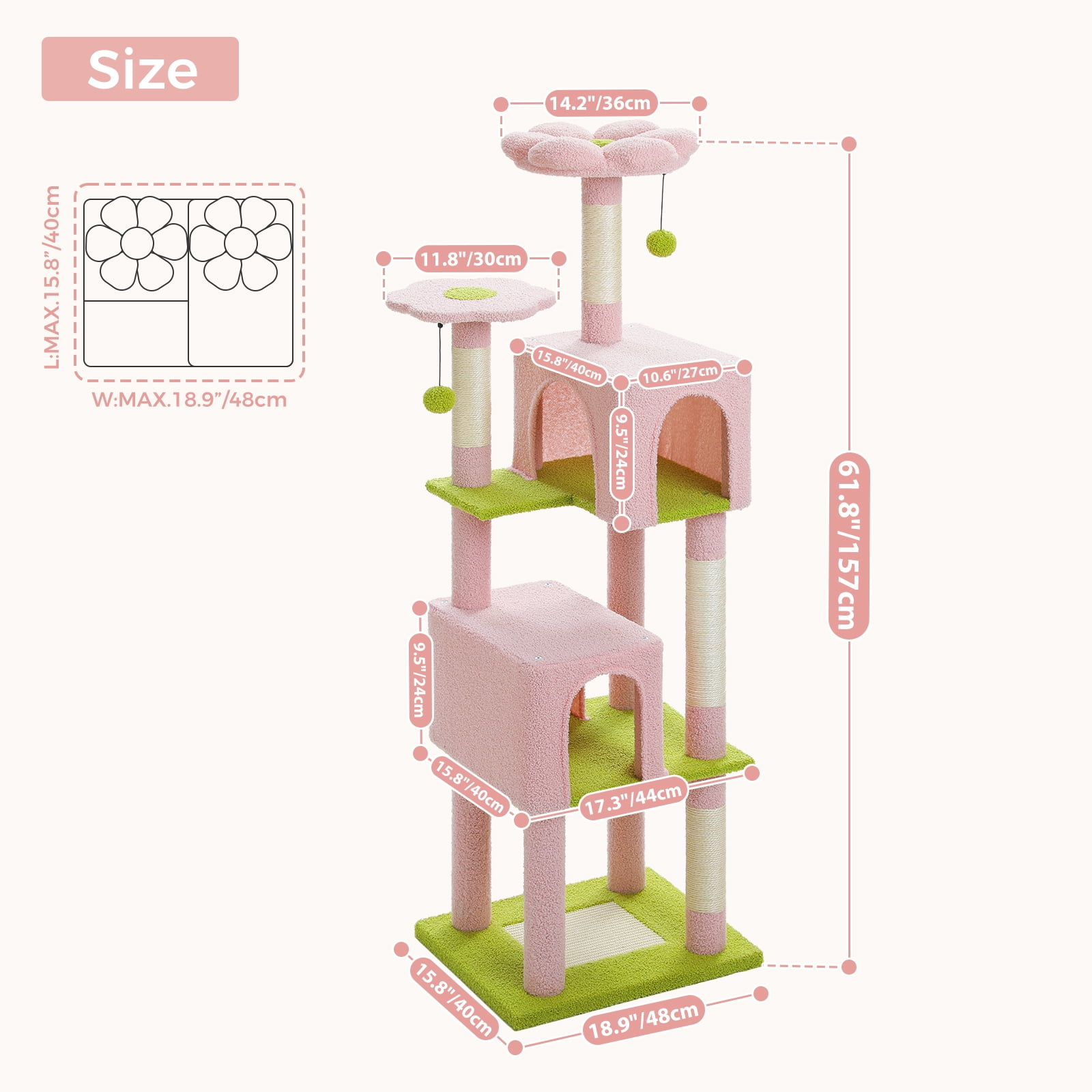 Kadyn 62" Modern Cat Tree Tower for Indoor Cats with Scratching Posts, Cozy Cat Condo and Top Perch, Dangling Ball for Small Medium, Pink