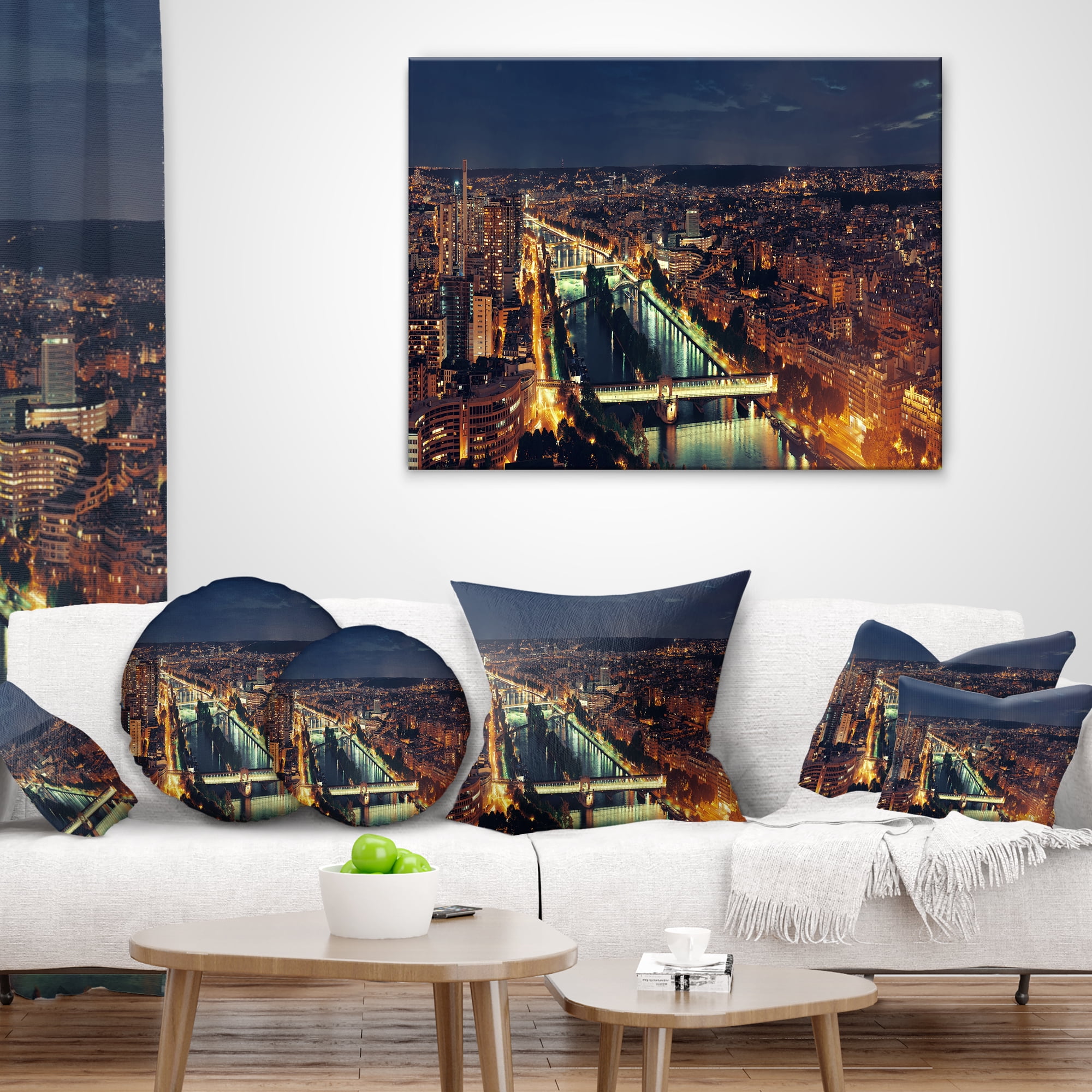 Designart Paris City Night Skyline - Cityscape Photo Throw Pillow - 12x20