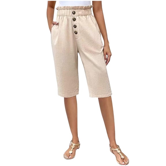Kvture Casual Bermuda Shorts for Women Pleated Elastic Waist Knee Length Cotton Linen Button Summer Shorts with Pockets Khaki M
