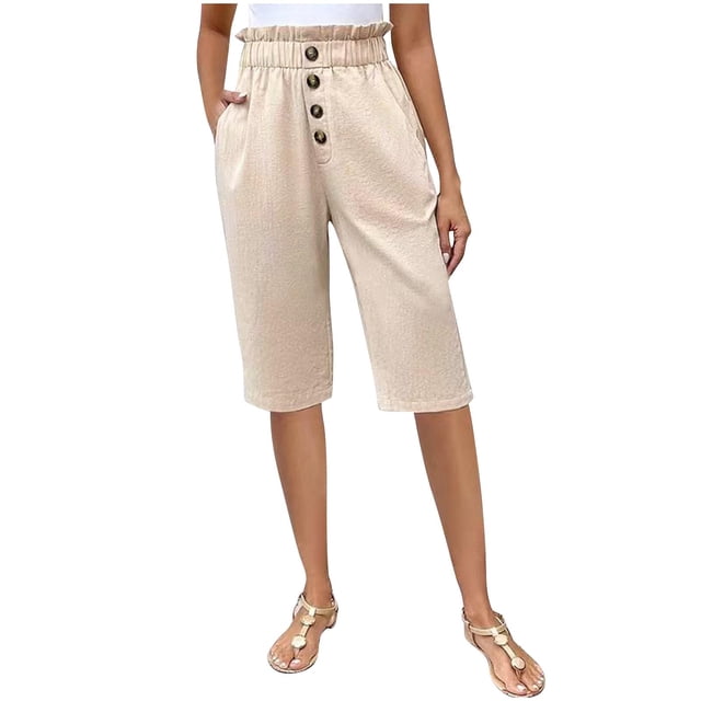Mujeres Pantalones de Verano Ligero Casual Alta Cintura Elástica Cintura Ancha Mitad Pantalones Cortos con Bolsillos, Botón Decoración Pantalones de Longitud Media