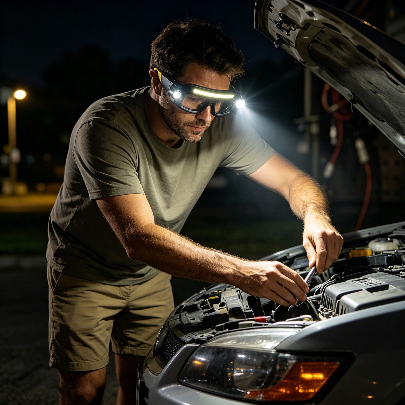 QIUXUJ-LED Safety Glasses with Lights Rechargeable Headlight with 5 Modes, USB C Lighted Glasses for night Running, Camping, Fishing, Cycling, Hiking, Hands-Free Lighting (Yellow)