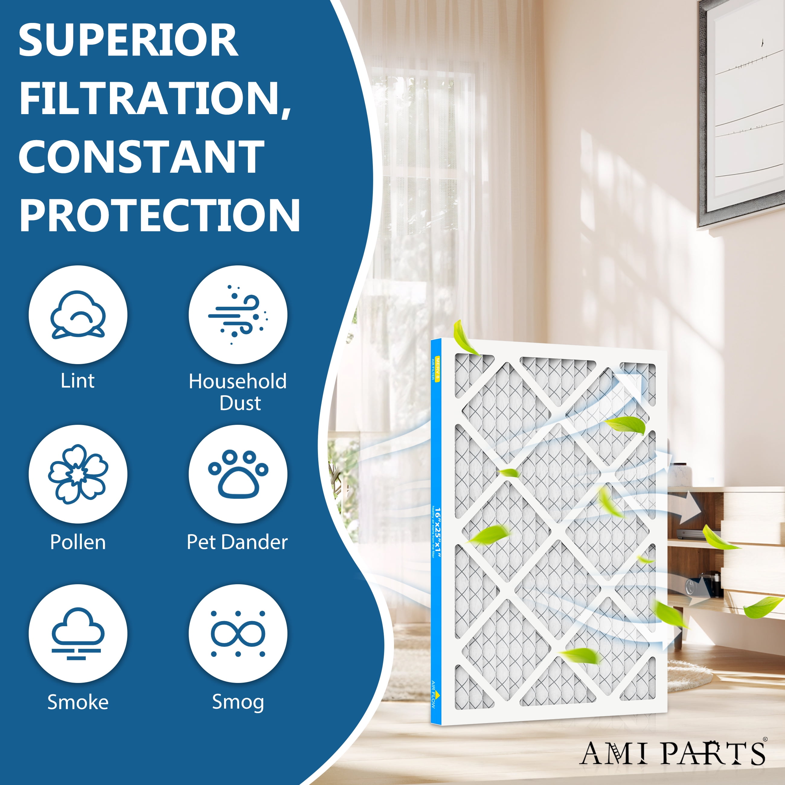AMI PARTS 16x25x1 MERV 8 Pleated Filter, Electrostatic Design Removes Pollen and Dust