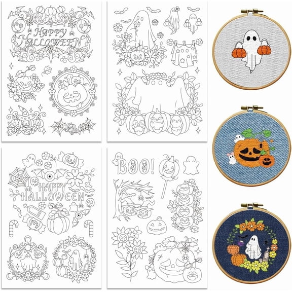 Water Soluble Embroidery Patterns for Beginners Face and Pumpkin 4 Sheets with 25pcs Wash Away Embroidery Pattern Stabilizer for Hand Sewing Lover Women Adults