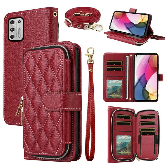 Dswteny Argyle Wallet Case for Moto G Stylus 2021 4G with Wrist Strap Shoulder Strap Flip Credit Card Holder Stand Cell Phone Cover for Motorola GStylus 6.8 Stylo XT2115DL XT2115-1 Women Girls Red