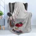 thumbnail image 4 of Bowling Party Soft Flannel Fleece Throw Blanket, Bowling Shoes Pins and Ball in Grunge Style Print, Cozy Plush for Indoor and Outdoor Use, 50" x 70", Pale Grey Dark Blue, by Ambesonne, 4 of 5