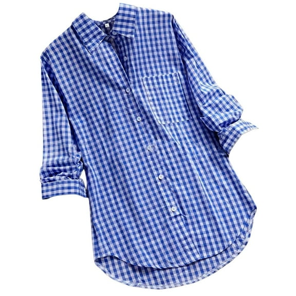 WTXUE 3/4 Length Sleeve Womens Tops Button Down Shirts Cotton Long Blouses for Women Dressy Casual Plaid Lapel Collared Shirts Cardigans Plus Size Tops Shirts Casual Womens Summer Tops Trendy Blue L