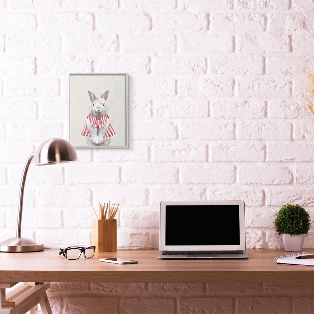 Maid Bunny Kids Animal Pink Painting Gray Farmhouse Rustic Framed Giclee Texturized Art by Ziwei Li