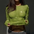 thumbnail image 2 of Womens Tops Under $10 Women's Rhinestone Sheer T Shirt Crew Neck Long Sleeve Sparkly Going Out Tops Green M, 2 of 3