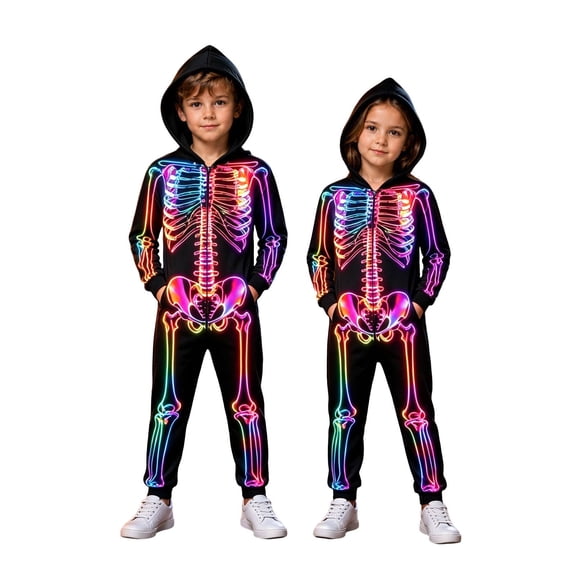 Krdevn Kids Halloween Rainbow Neon Skeleton Hooded Full Zip Jumpsuit Unisex Cosplay with Side Pockets 3-4 Years,Black