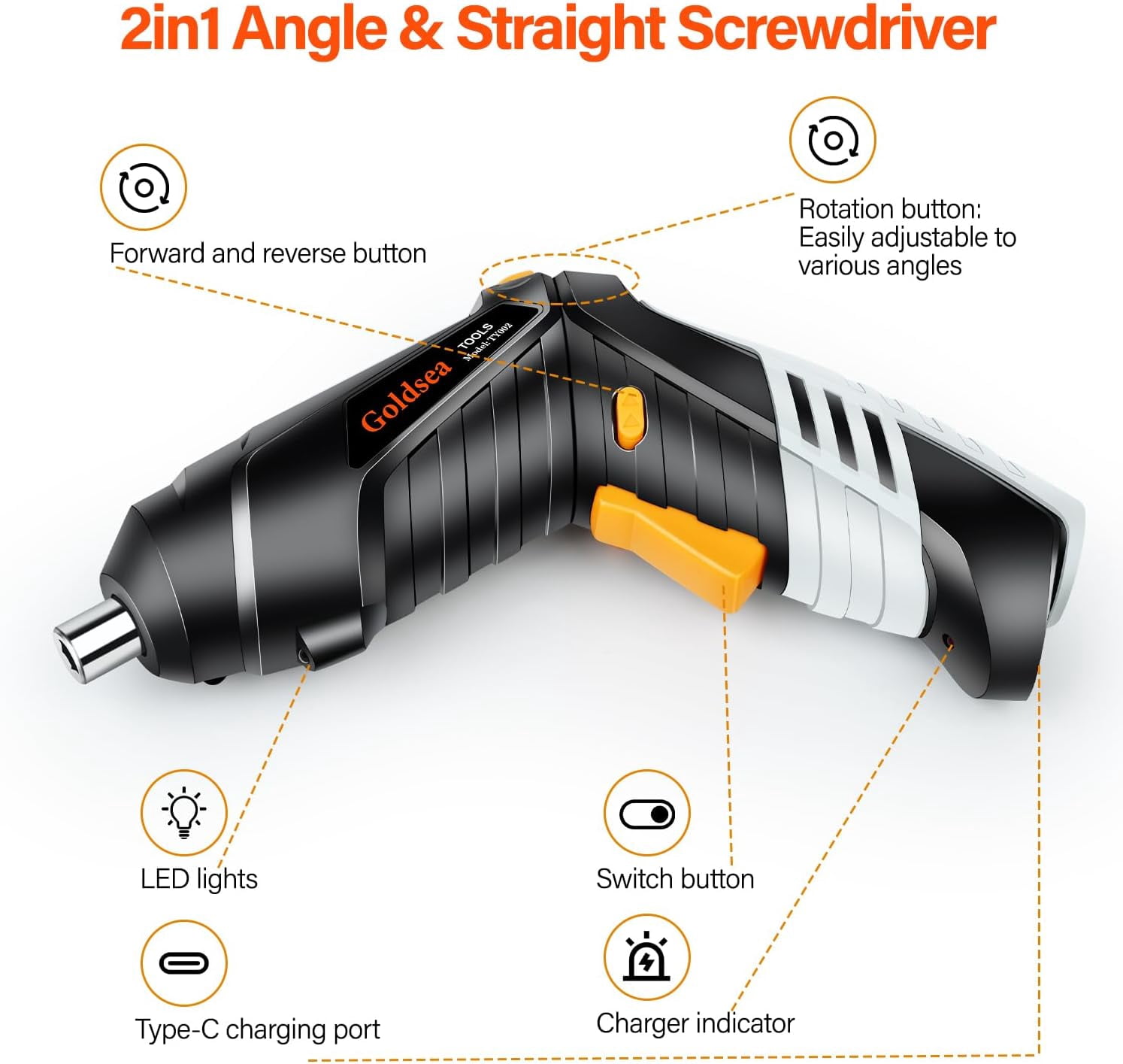 Electric Screwdriver 4.2V Cordless Screwdriver 3.5N.m 1500mAh Type-C Charging 10pcs Screwdriver Bits 1/4” Hex Chuck 90°/180° deformation handle Forward and reverse adjustment LED Light