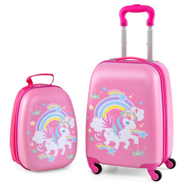 Costway 2PC Kids Carry On Luggage Set featuring a 12-inch backpack and a 16-inch rolling suitcase in multicolor. The set is designed with a pink background and a whimsical unicorn and rainbow pattern. The suitcase includes 360° swiveling wheels and an adjustable telescoping handle, while the backpack has wide, adjustable shoulder straps. Both pieces are made of durable ABS and PC materials with a frosted protective film for scratch resistance and waterproofing. Suitable for travel, school, and outdoor activities.