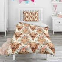 Flower and Highland Cow Duvet Cover and Pillowcase Set for Single Bedding, Bedroom Accessories for Kids Teens