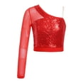 thumbnail image 3 of Raenseen Kids Girls One Shoulder Long Sleeve Shiny Sequins Dance Crop Top Gym T-Shirt Ballet Gymnastics Jazz Dancewear Red 10, 3 of 7