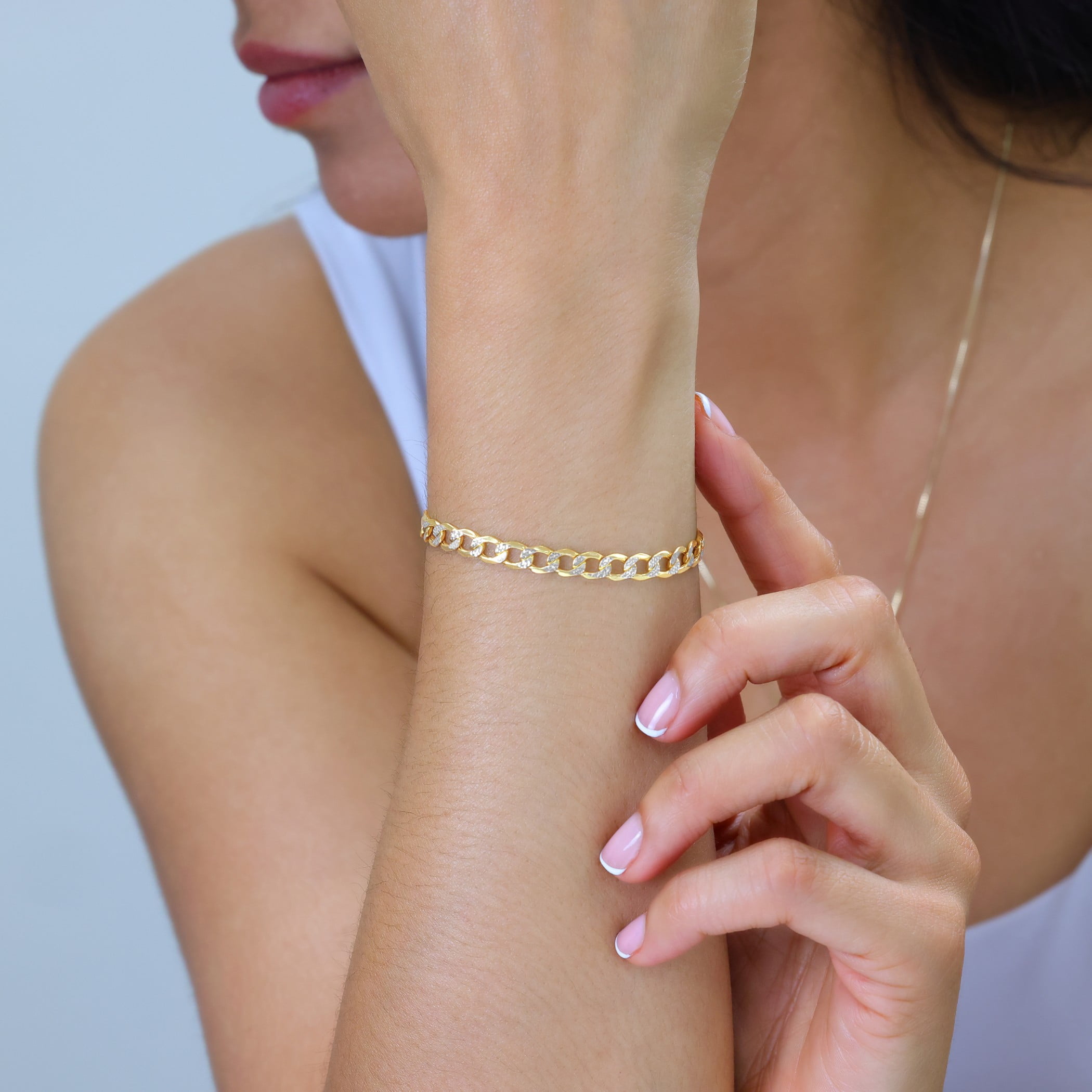 Nuragold 10k Real Yellow Gold Cuban Curb Link 5.5mm Diamond Cut Pave Chain Bracelet (7"-9") Two Tone Italian Jewelry for Men & Women