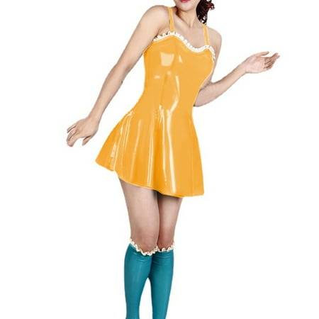 Sexy Women PVC Strap Cami Sheath Mini Dress Lingerie Costume Women Ruffles Hem A-line Dress Party Clubwear