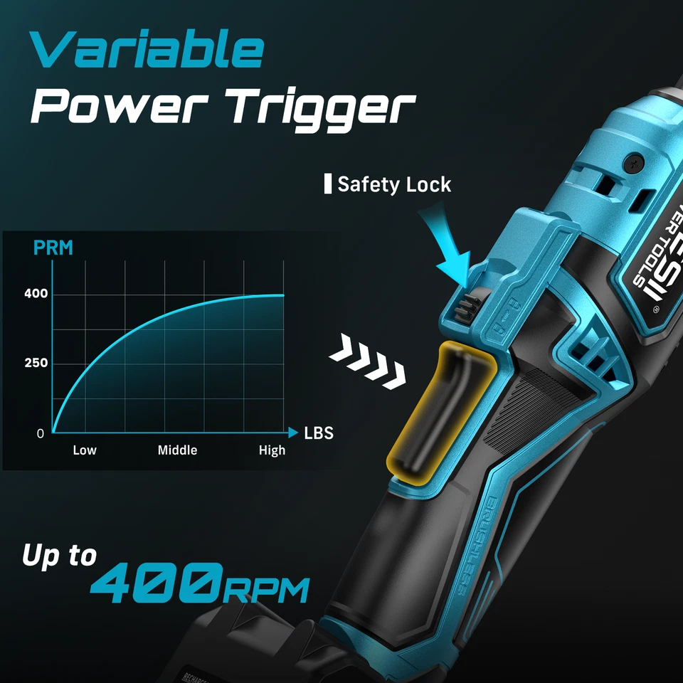 Seesii Extended Cordless Electric Ratchet Wrench: 59Ft-lbs Power Ratchet Wrench 3/8", Brushless  0-400RPM Variable Speed Trigger, 2 Pack 21V Batteries & Charger, 8 Sockets, 1/4"& 1/2" Adapter