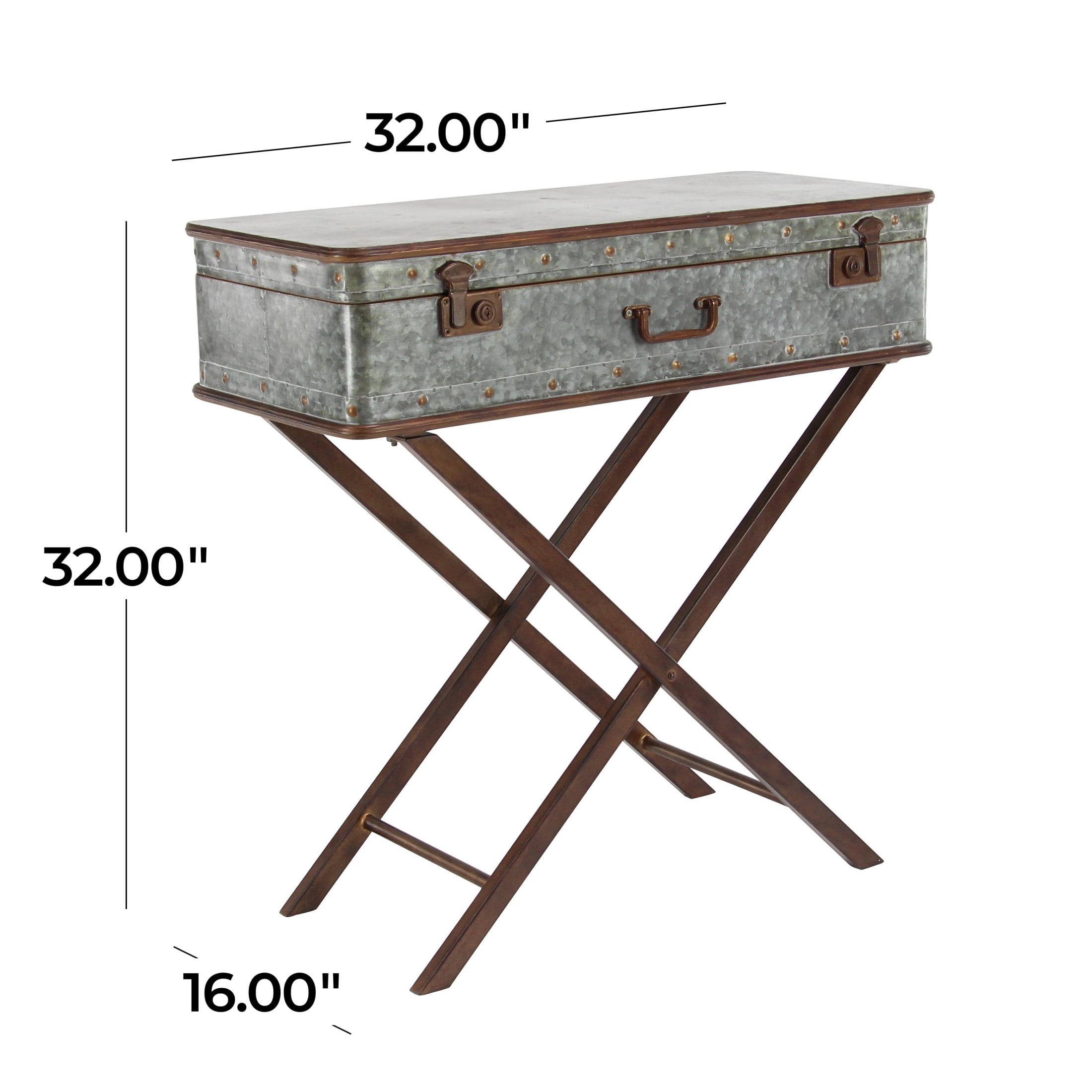 DecMode 32" x 32" Gray Metal Accent Table with Suitcase Style Top, 1-Piece
