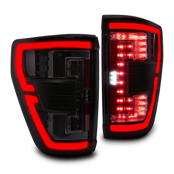 TRUE MODS Smoked Full LED Tail Light Assembly Replacement for 2021-2023 Ford F150 w/Stock Halogen Taillight w/o Blind Spot [DOT] XL STX XLT Lariat Tremor King Ranch Platinum Raptor R Rear Brake Lamp